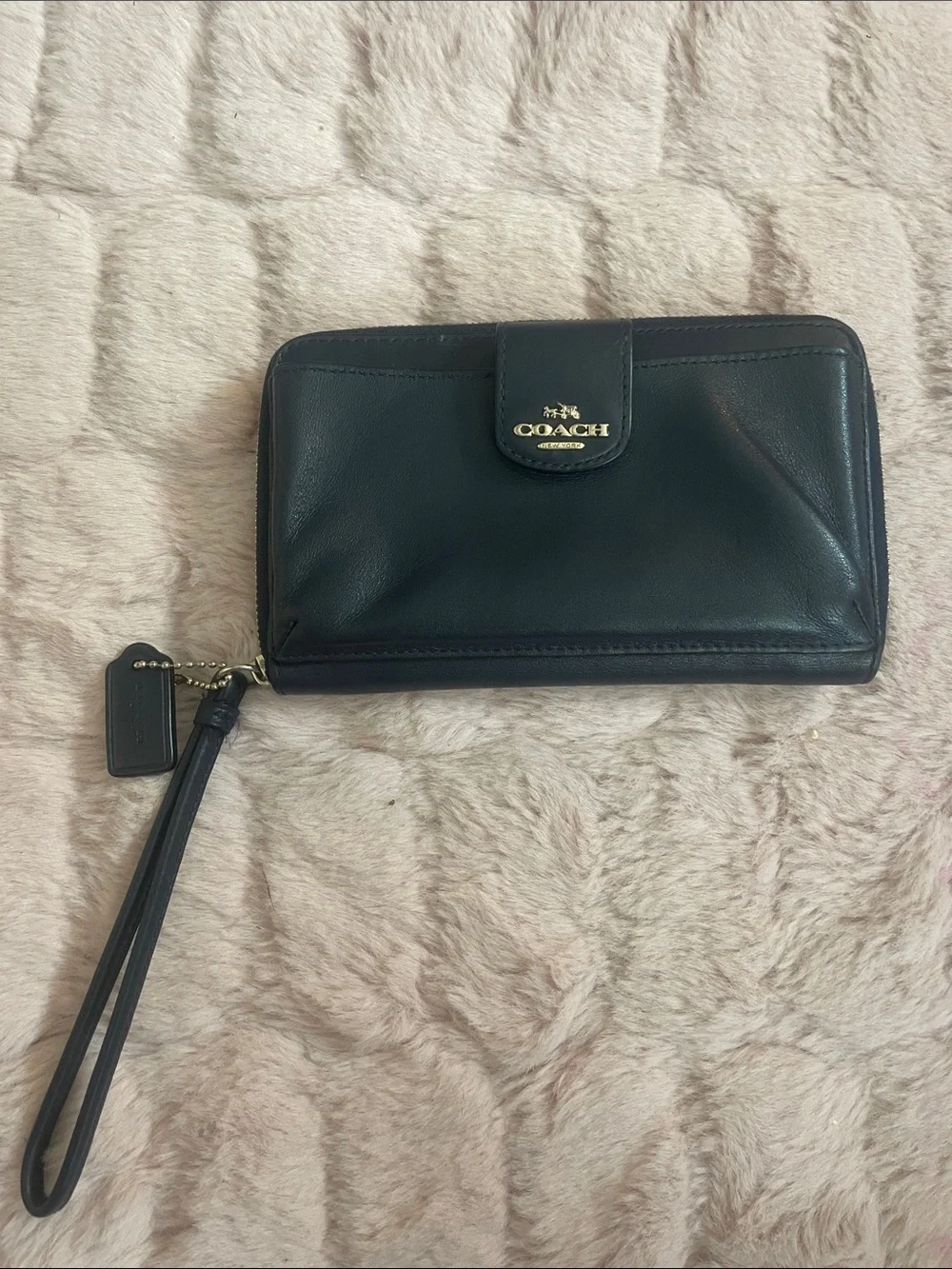 Coach navy blue Leather Wristlet with Gold Logo